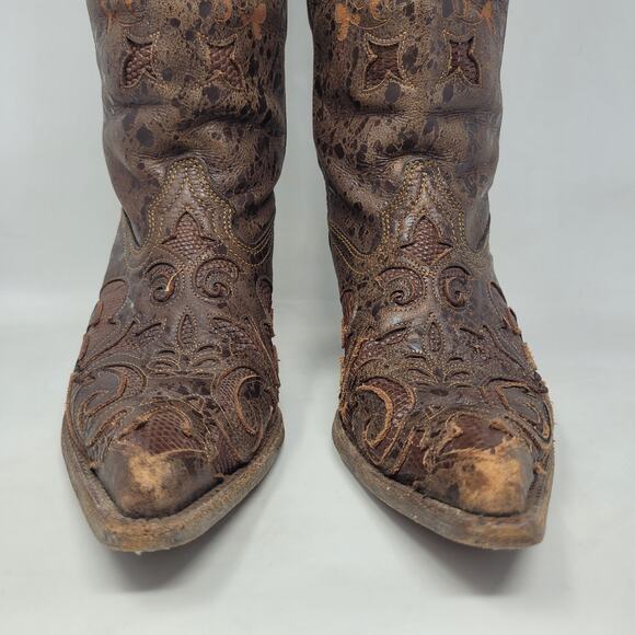 Corral Boots 6.5 Brown Lizard Leather Inlay Snip Toe Cowgirl Western Rodeo C2109 - Picture 5 of 13